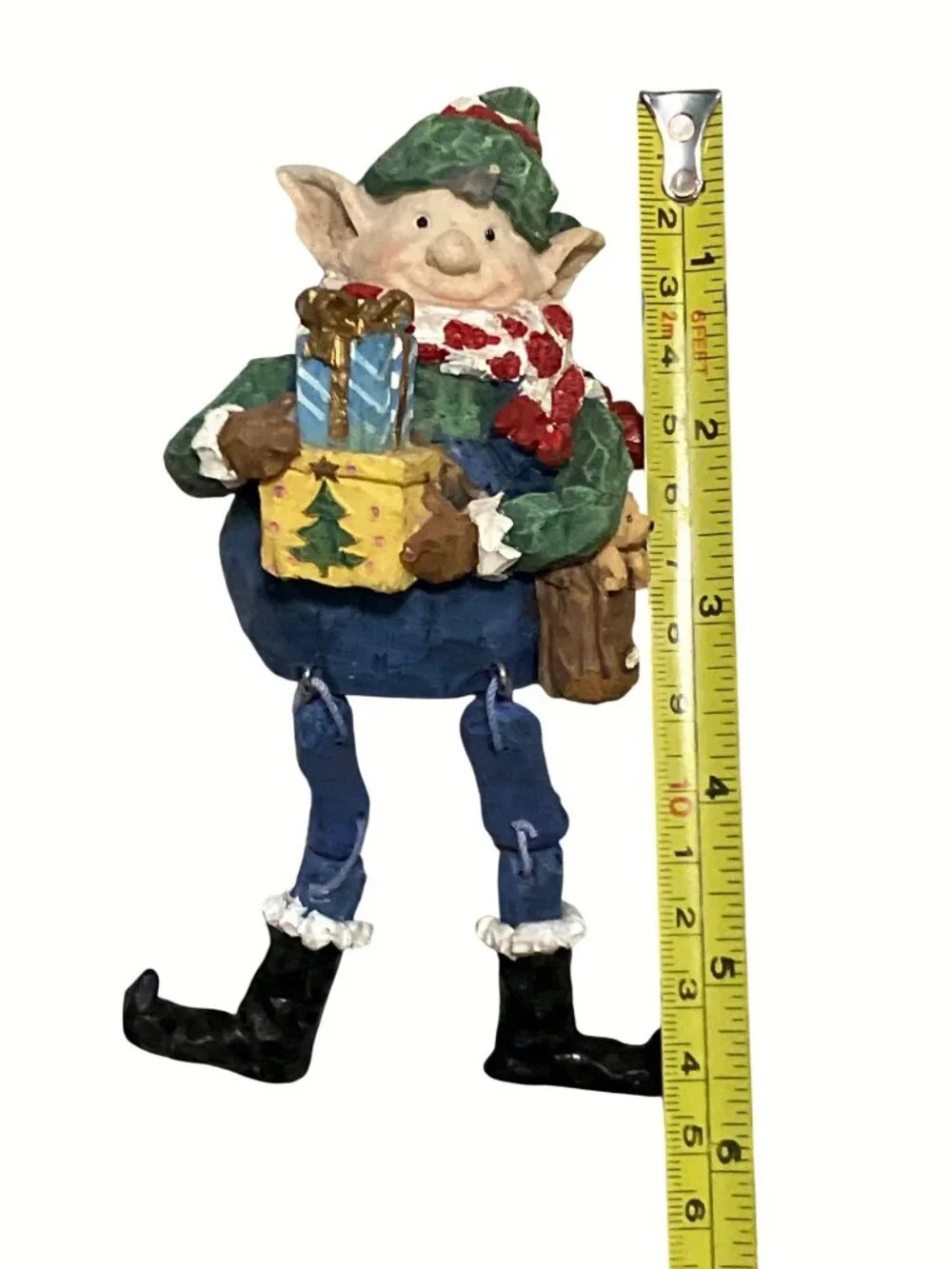Elf Figurine Holding Gift Dangling Legs Hand Painted Holiday Decor Shelf Sitter